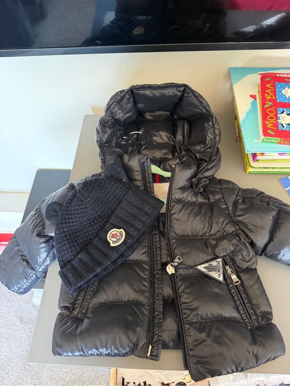 Moncler Black Shiny Quilted Down Jacket with Comic Label